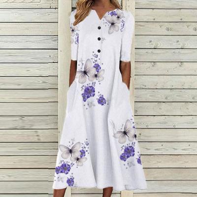 Lässiges Damenkleid mit Knopfleiste, einfarbig, bedruckt, kleiner V-Ausschnitt, lockeres Kurzarmkleid