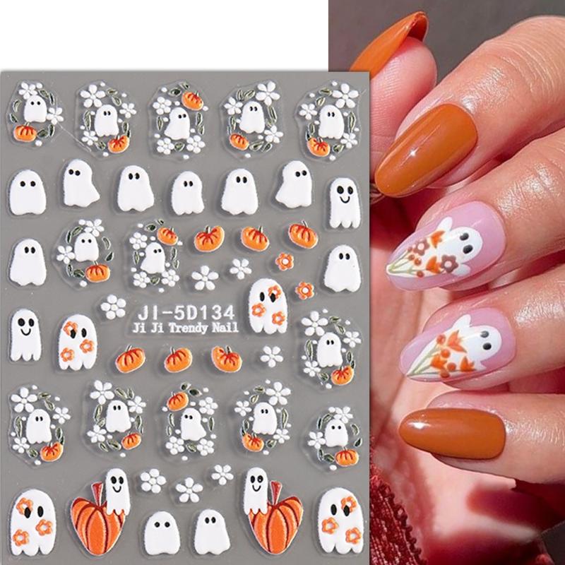 1 Feuille Autocollante Décalcomanies pour Ongles Autocollants Halloween 5D texturés pour Ongles avec Motifs Fantôme Citrouille Sorcière Curseur Manucure