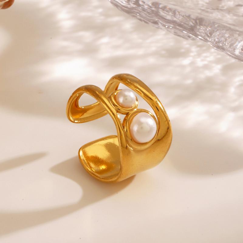 Vintage Stainless Steel Wide Thick Rings for Women Men Classic Imitation Pearl Hollow Opening Rings Charm Banquet Jewelry Gifts