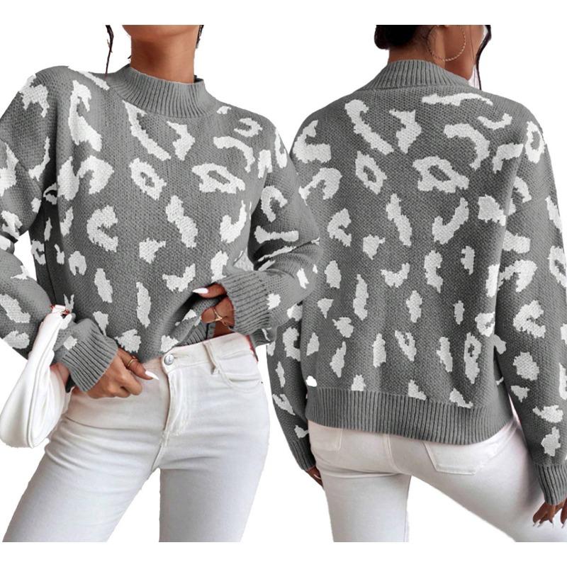 Women S Fashion Round Neck Long Sleeve Pullover Sweater Leopard Print