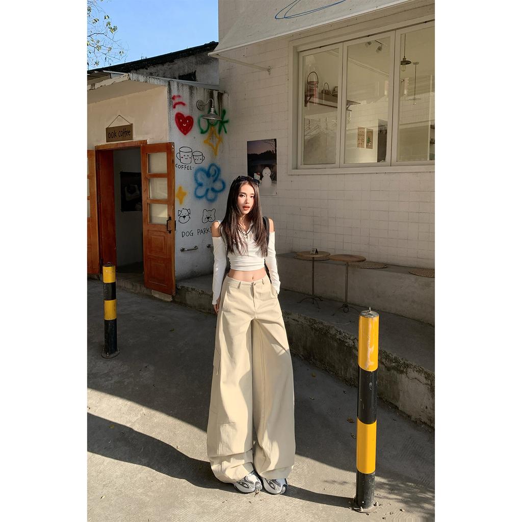 American Vintage Large-pocket Work Pants for Women, 1116 Spring Casual Pants, High-waisted Straight-leg Wide-leg Woolen Pants