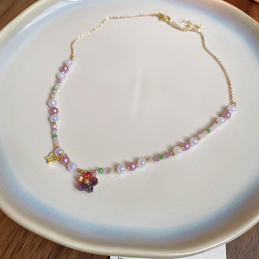 Summer dopamine stained glass crystal beaded necklace collarbone chain design sense niche item decoration