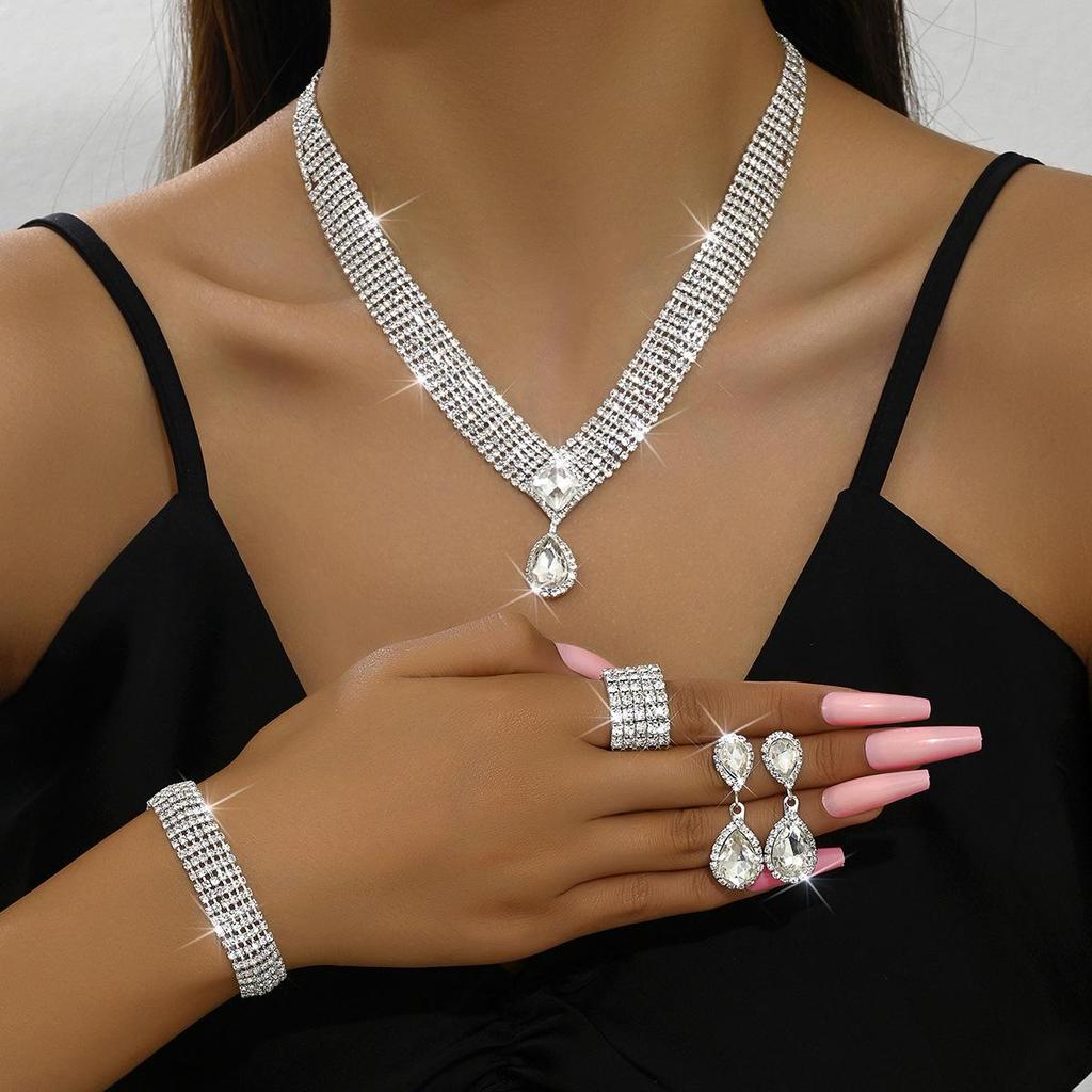 European-American Bridal Jewelry Set: Full Diamond Necklace, Earrings, Bracelet, Ring, Wedding Dress Accessories