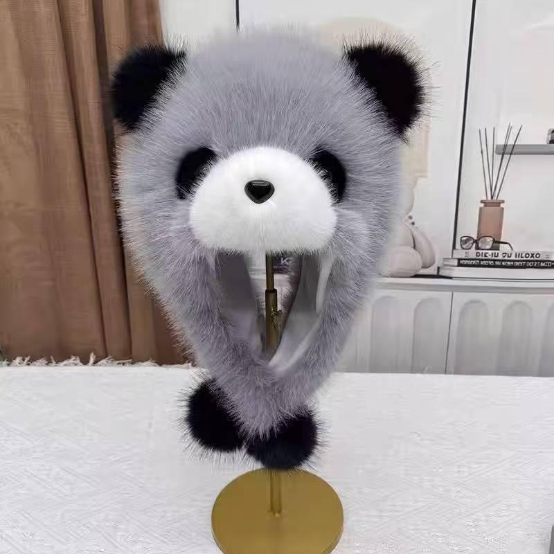 Módní zimní panda klobouk s klapkami na uši z umělé liščí kožešiny pro dospělé a děti