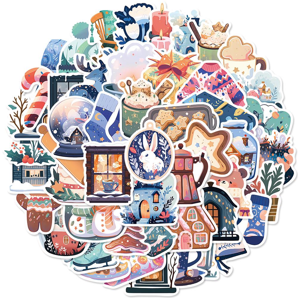 50PCS Cartoon Blue Christmas Graffiti Sticker Crystal Ball Warm Winter Phone Environmental Protection Festival Queue Sticker