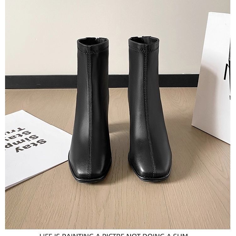 Soft Leather Foreign White Short Boots High-heeled Boots Women's 2025 Autumn and Winter New Martin Boots Thick Heel Rear Zipper Thin Boots