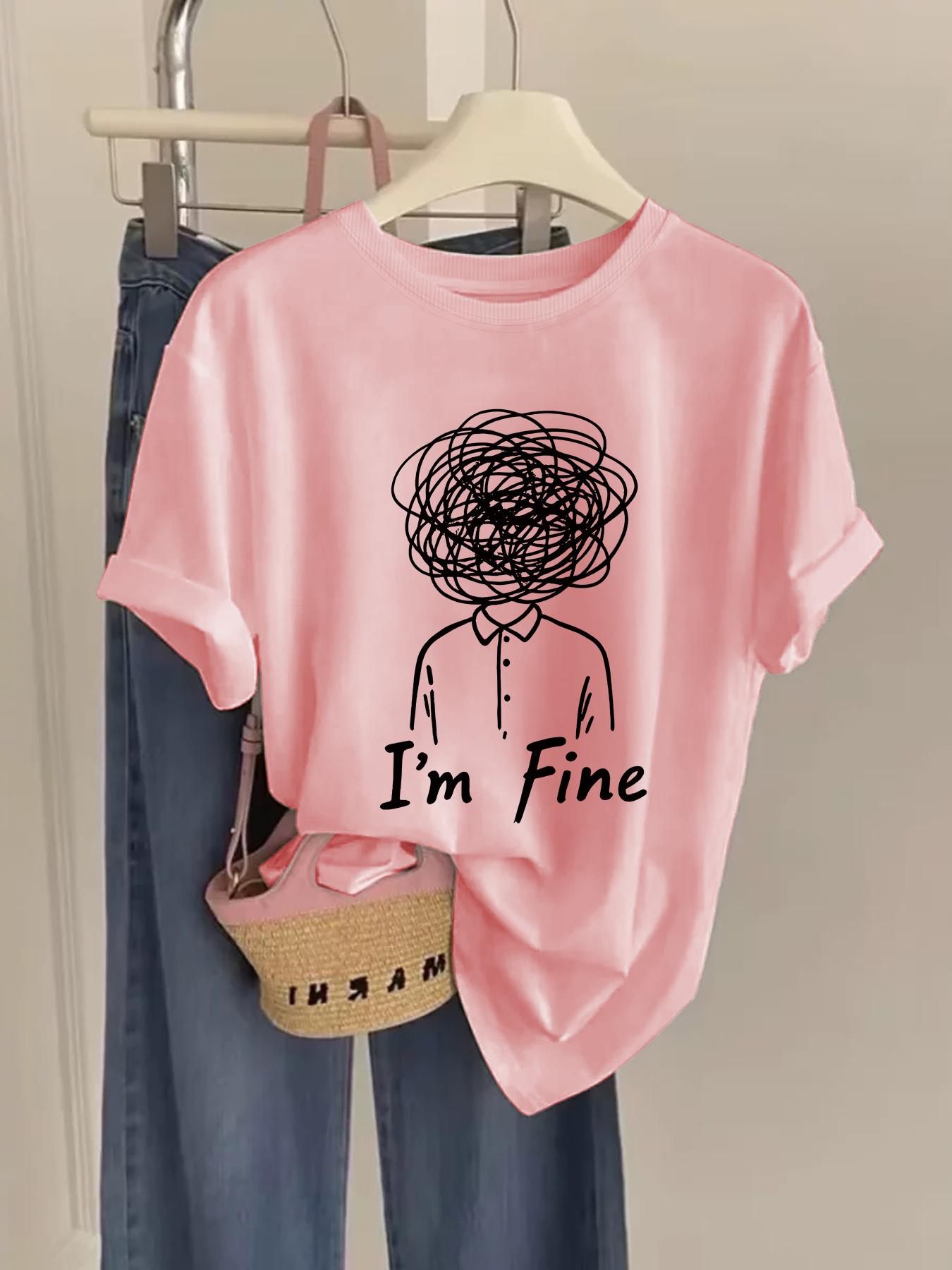 Im Fine Graphic Print TShirt Short Sleeve Crew Neck Casual Top with Line Art Summer Short Sleeved Harajuku Streetwear S