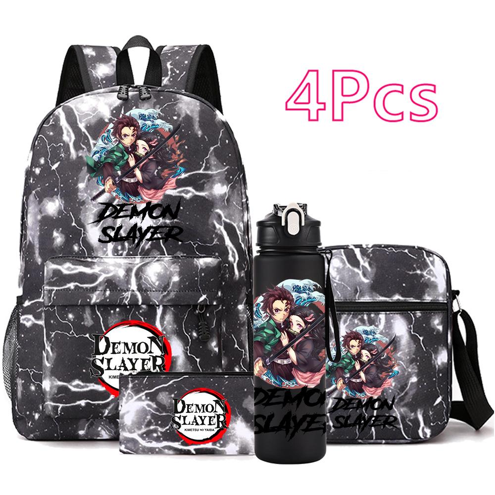4 Pezzi/set Zaino Stampato Anime Demon Slayer con Borraccia da 750 ml per Adolescente Studente Ragazza Ragazzo Grande Capacità Impermeabile Borsa per Libri Regalo