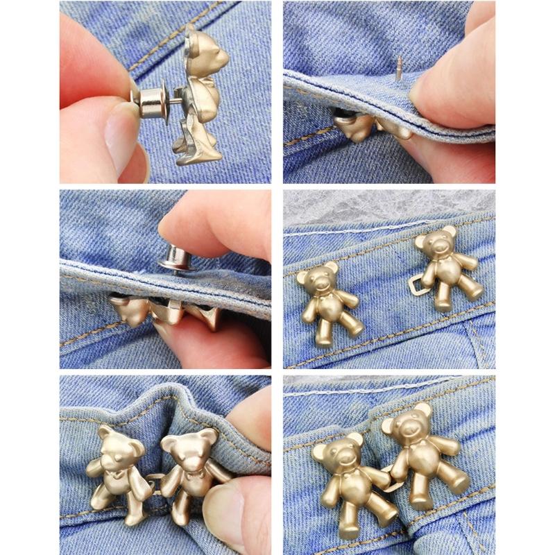 2Pcs Adjustable Jean Button Pins, Bear Shaped Waist Tightener Instant Jean Buttons for Jeans Pants, No Sewing Required