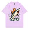 Cat Riding Shark Funny Meme Graphic T Shirts Summer Fashion Oneck Short Sleeve Tshirts Unisex Unisex Casual Loose Cotton Tshirt