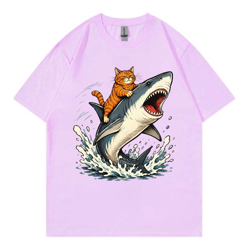Cat Riding Shark Funny Meme Graphic T Shirts Summer Fashion Oneck Short Sleeve Tshirts Unisex Unisex Casual Loose Cotton Tshirt