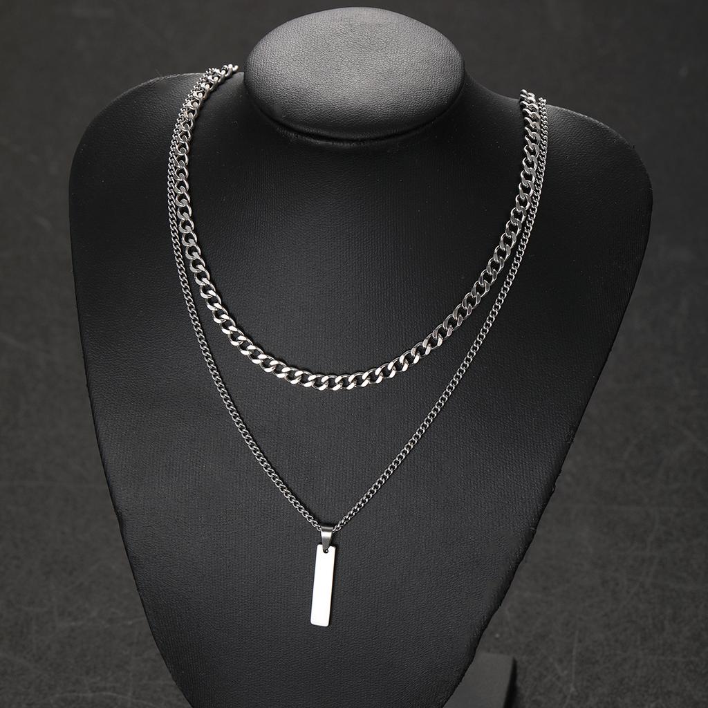 2Pcs/Set Small Hanging Tag Stainless Steel Necklace for Men Geometric Silver Color Pendant Necklace Fashion Hip Hop Jewelry Gift