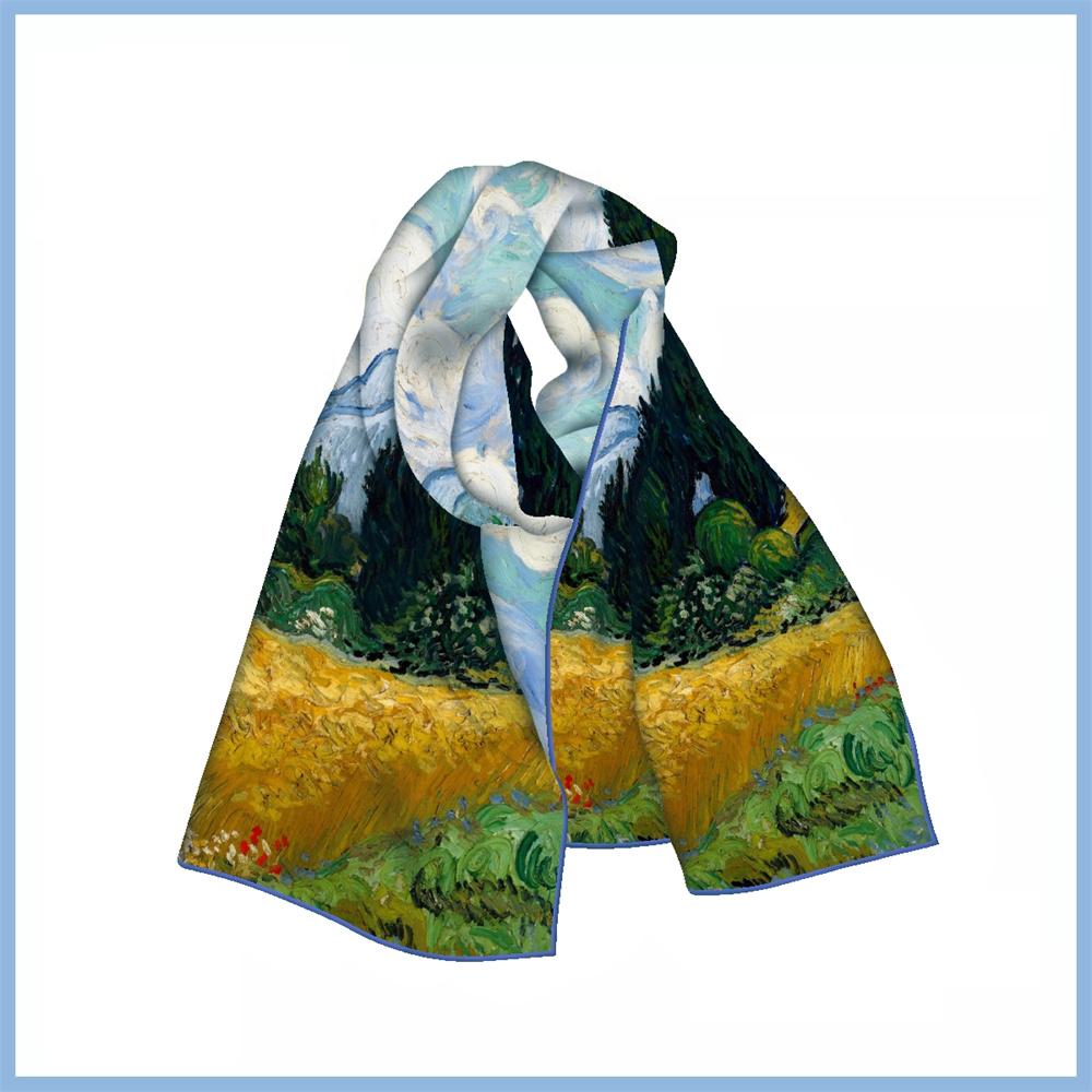 POBING Twill Silk Scarf Women Poncho Hand Rolled Luxury Oil Painting Long Scarves Wraps Bandana Big Shawl Hijabs Female Foulard