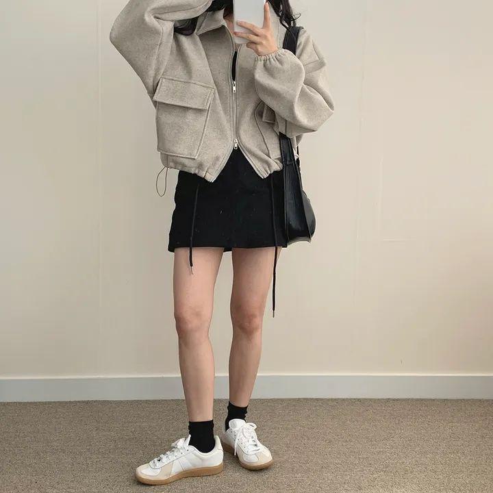 Koreaanse Chic Franse Stijl Dubbele Zak Rits Revers Trekkoord Korte Jas voor Dames (Herfst/Winter)