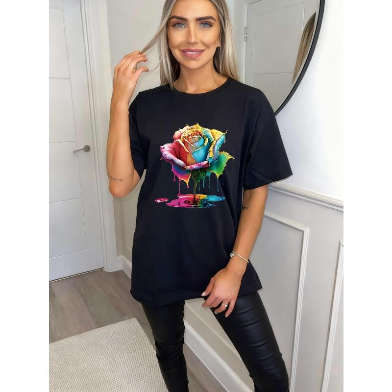 Übergroßes Damen-Kurzarm-T-Shirt mit Regenbogen-Farbverlauf, Tintenspritzer, Rose (mit Farbe-Tropf-Effekt) Drucken