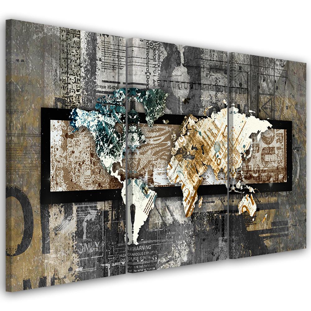 Three Piece Picture Canvas Print Abstract World Map Grey Brown