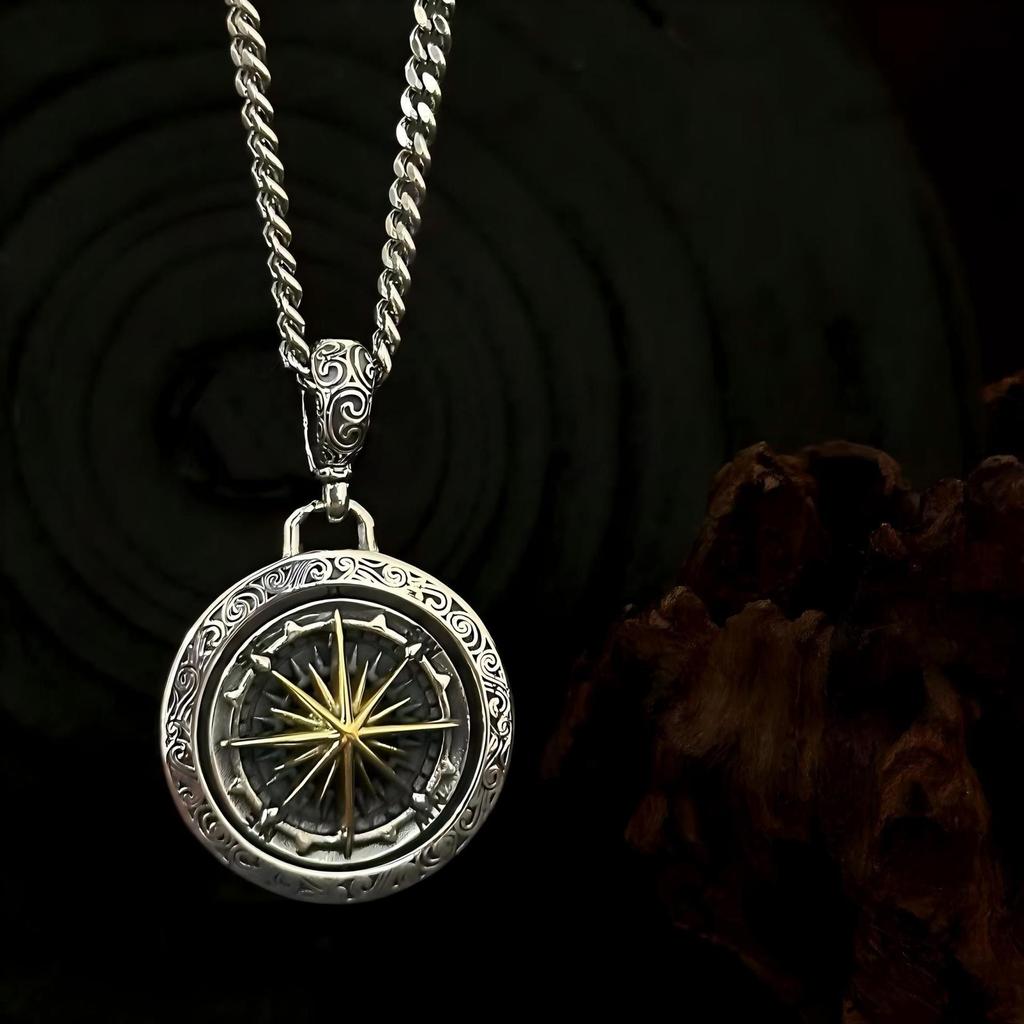 Sterling Silver Rotatable Nautical Compass Anchor Pendant - Double-Sided Arabesque Design for Men & Women