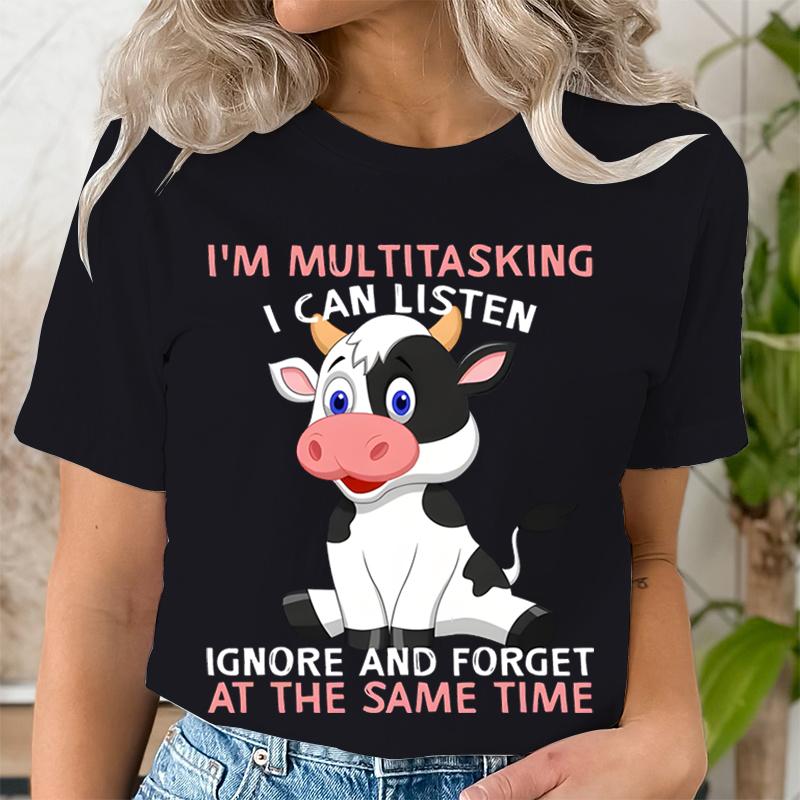 

Футболки с короткими рукавами и милым коровьим принтом «Я многозадачный», футболки с графическим рисунком, женские футболки с круглым вырезом, летние повседневные топы