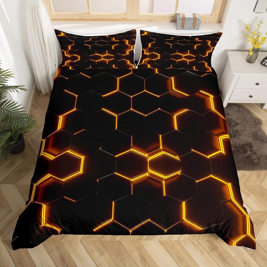 3D Geometric Duvet Cover Set Full Size,Geometry Bedding Sets Honeycomb Hexagon With Pink Blue Neon Lights Comforter Cover Set