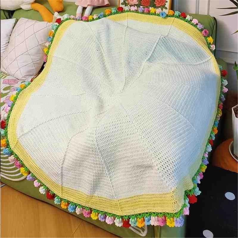 DIY Knitted Rose Flower Blanket Lovely Floral Throw Perfectly for Living Room Bedroom Decoration and Mother's Day Gift