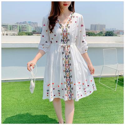 Bohemian Dresses Women Retro Ethnic Style Embroidered V-neck Drawstring Waistband Dress Slimming Bubble Sleeve Holiday Vestidos