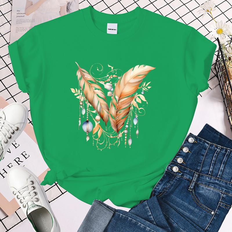 Feather Printed T-Shirts for Women Summer Short Sleeve Tee Shirts Round Neck Casual Summer Ladies Tops