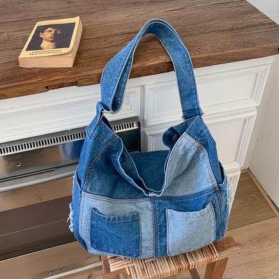Kontrastfarben Design Denim Tragetasche Lässiger Stil Große Kapazität Umhängetasche Colorblock Umhängetasche für Damen Gebrauch Geldbörse