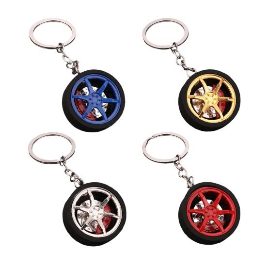 Keychain Pendant Wheel Caliper Design Zinc Alloy Key Chain with Rubber Tires Racing Style Key Holder Backpack Car Accessory