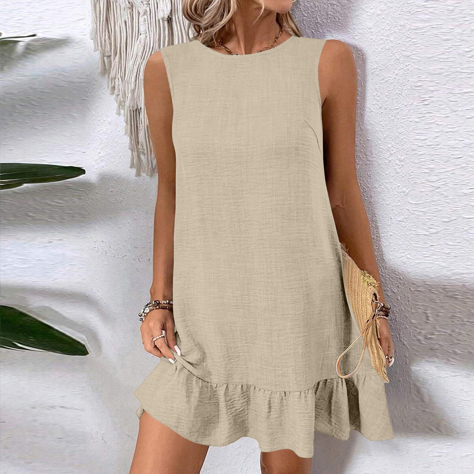 

Women s Fashionable Color Round Neck Ruffle Edge Sleeveless Casual Dress XL хакі