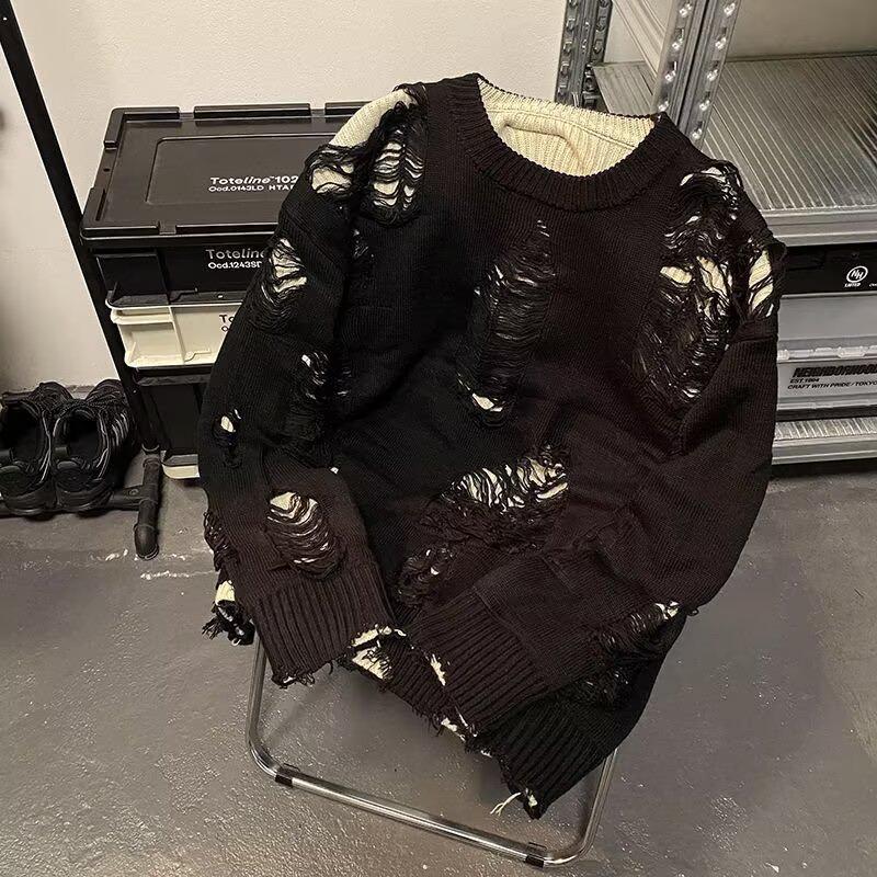 Unisex Japanischer Retro Zweiteiliger Stil Gerissener Strickpullover - Trendige, Lockere, Vielseitige Woll-Oberbekleidung Extra Large schwarz