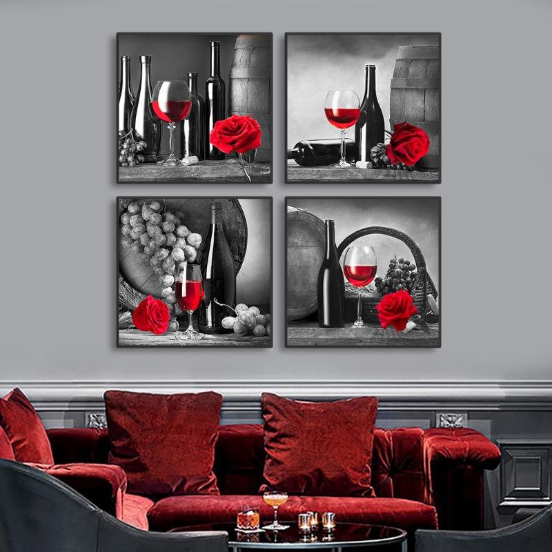 Kitchen Wall Art Decor Pictures Red Wine Glass Rose Painting On Canvas Poster and Prints Home Decoration Dining Room Restaurant