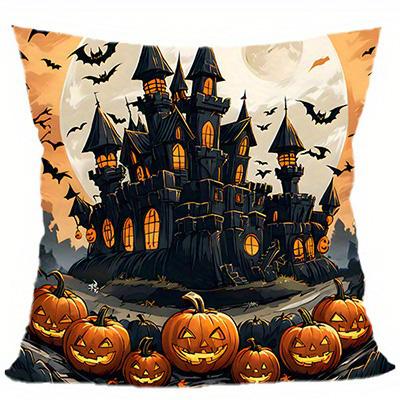 Home Decor Halloween Castle & Pumpkins Throw Pillow Cover Pattern Cushion Cover Suitable For Sofa Bedroom Car Pillow Cover