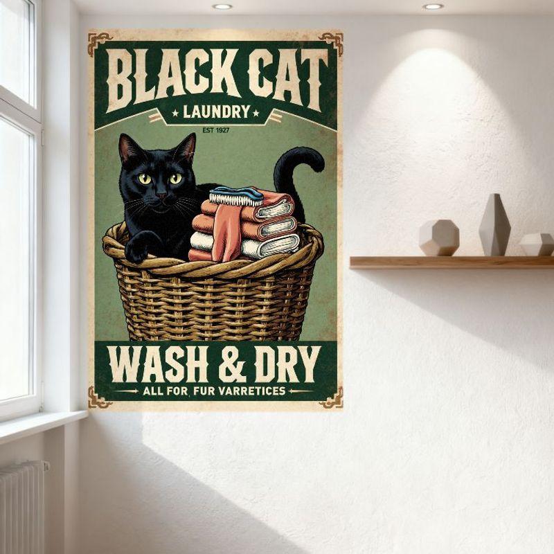 Vintage Black Cat Laundry Metal Tin Sign 1927 WASH & DRY Wall Decor for Home Bar Cafe Man Cave, Retro 1920s-30s Style with Cat &