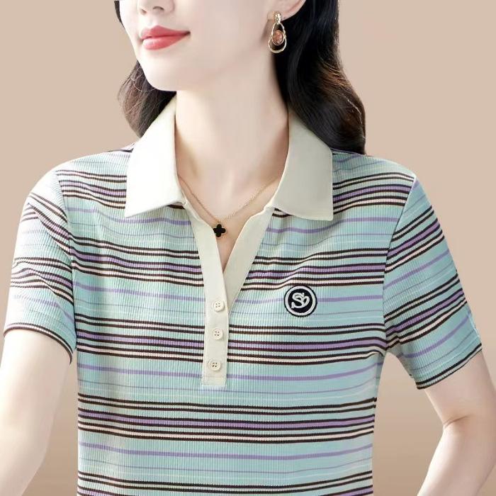 

Stylish Summer Short-Sleeved Slimming T-Shirt for Women L синій