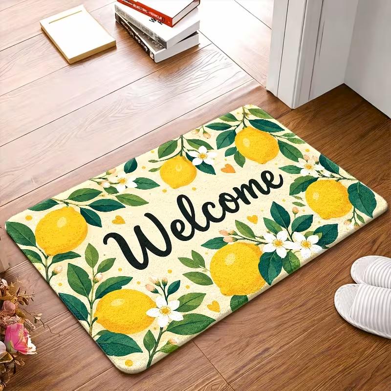 Welcome Letter Print Floral Fruit Vintage Pattern Floor Mat Non‑Slip Doormat for Porch Hallway Kitchen Indoor Home Decor