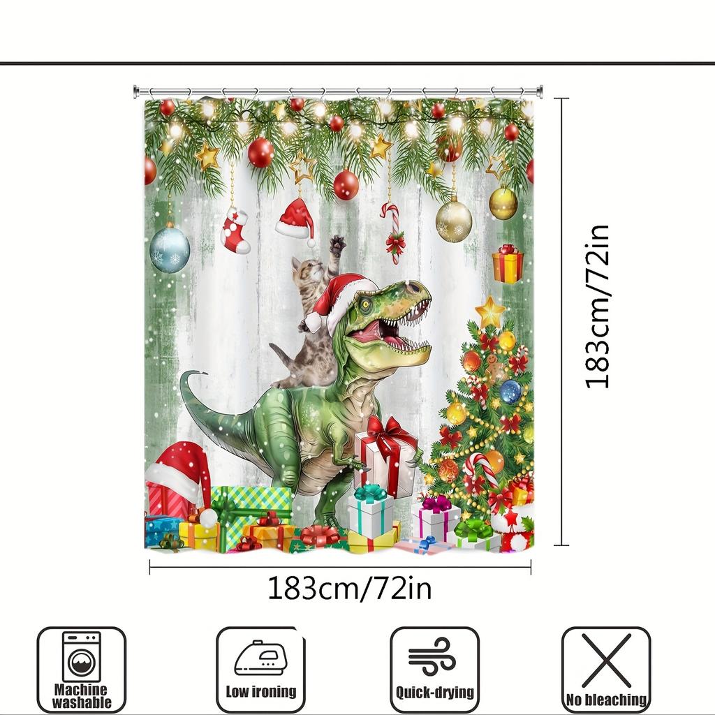2026 Christmas Shower Curtain - Funny Cat & Dinosaur Design With Xmas Ornaments, Waterproof Polyester Bathroom Decor, 72X72In