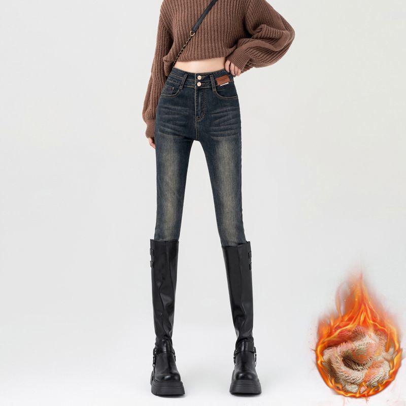 

Женские джинсы с высокой талией и узкими штанинами на осень и зиму, эластичные узкие универсальные брюки-карандаш с плюшевыми плотными брюками 2XL