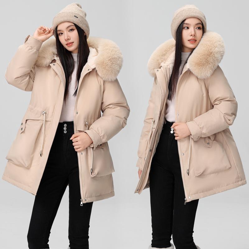 Pie overcome women's winter new waist and thin hooded big fur collar plush thickened short jacket padded jacket