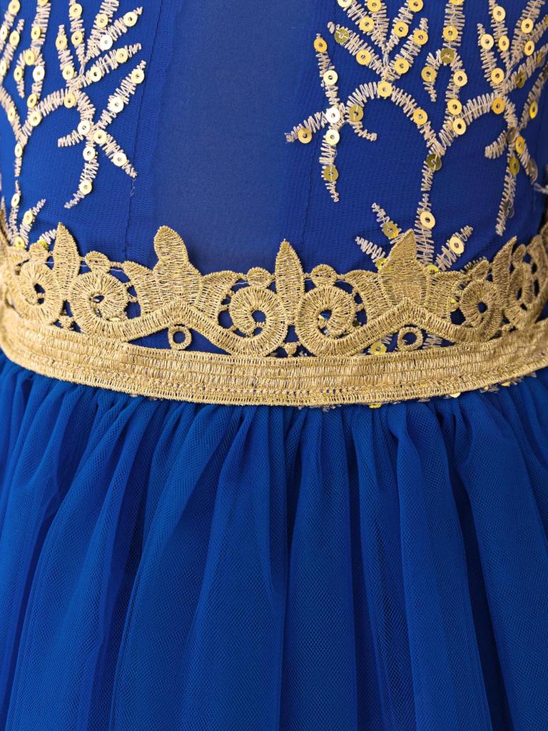Blue Muslim Evening Dress with Long Sleeves and Puffy Tulle Skirt