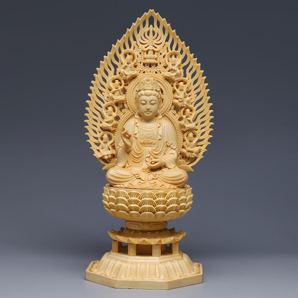 Buddha Statue,Boxwood Carving Western Three Holy Buddha Ornament,11.02  Solid Wood Sitting Lotus Terrace Screen Guanyin Statue