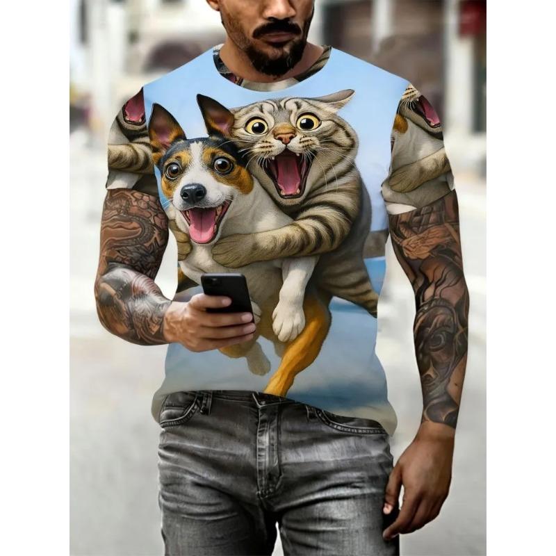 Summer Men's Cat 3D Printed Crew Neck T-Shirt Fashion Versatile