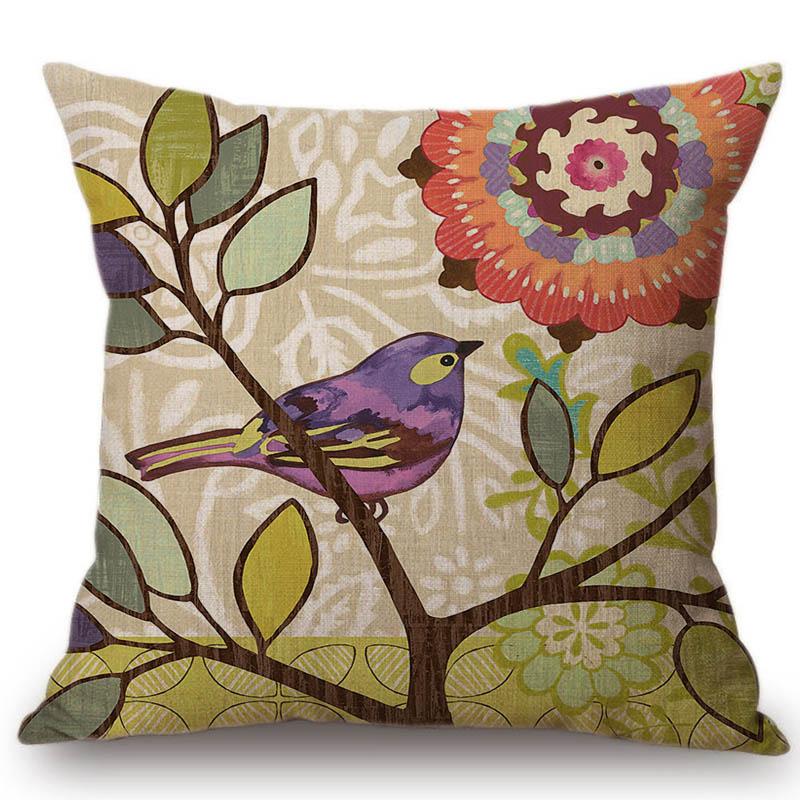 Lovely Birds Floral Night Owl Squirrel Home Decorative Cotton Linen Sofa Throw Pillow Case 45X45Cm Square Car Cushion Cover Case