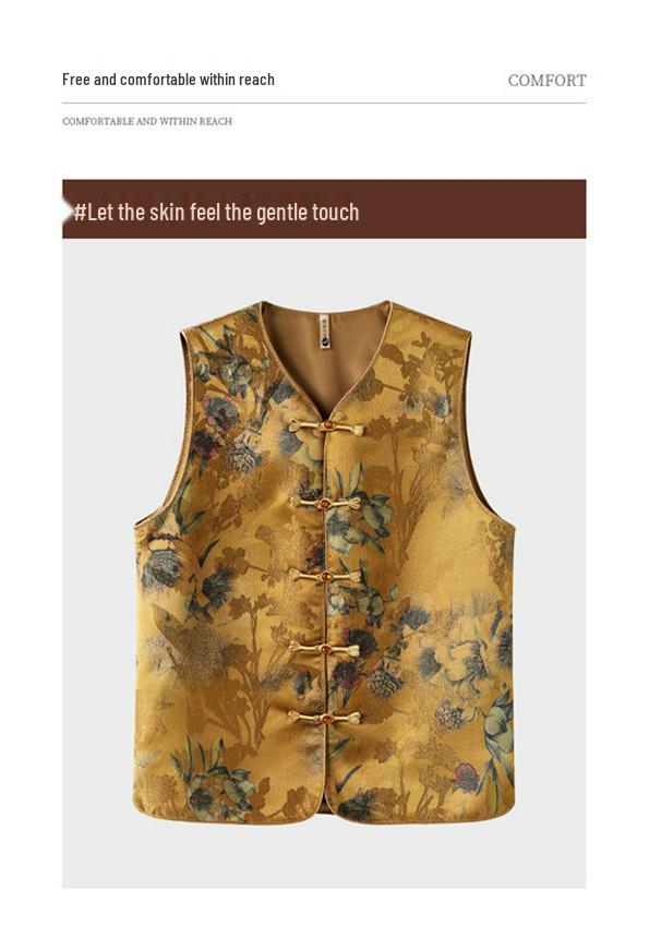 Mom's Vintage Chinese Frog Button Print Vest – Sleeveless V-Neck Cardigan