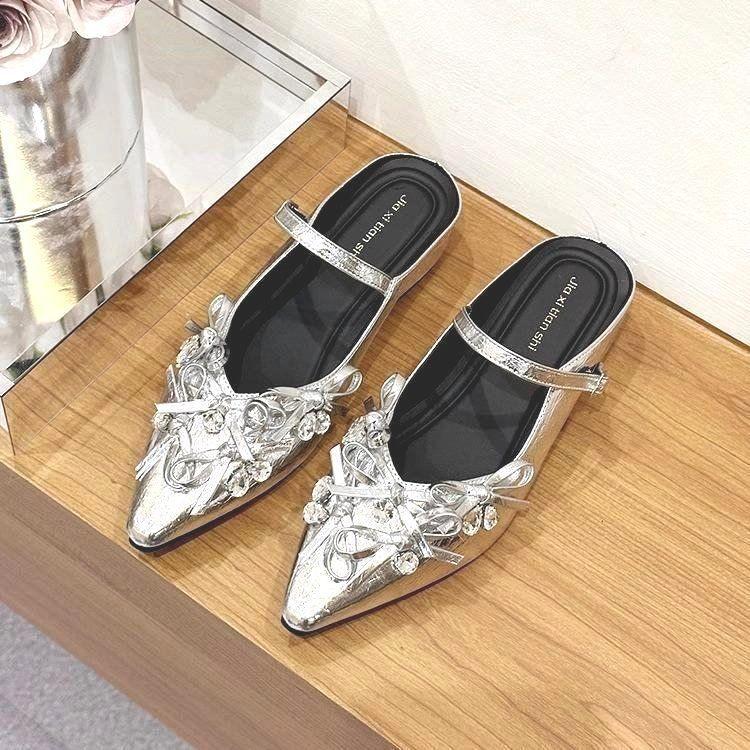 2025 early spring new French heightening pointed bag slippers women's shoes summer 2025 new bow rhinestones