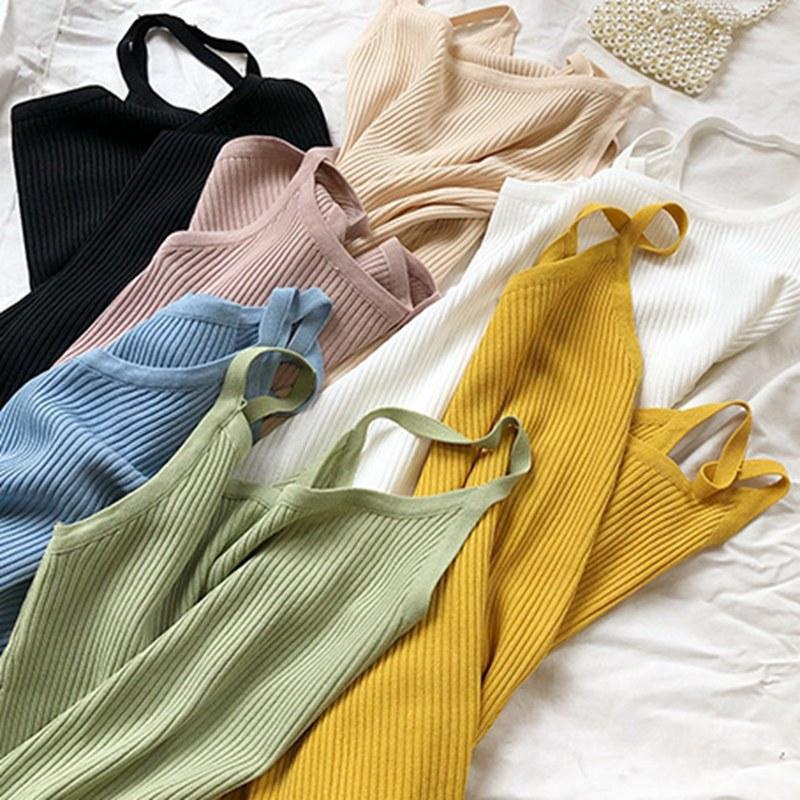 Летний женский однотонный однотонный топ без бретелек в стиле ретро, ​​короткий тонкий топ на бретелях, повседневный вязаный свитер OneSize синий