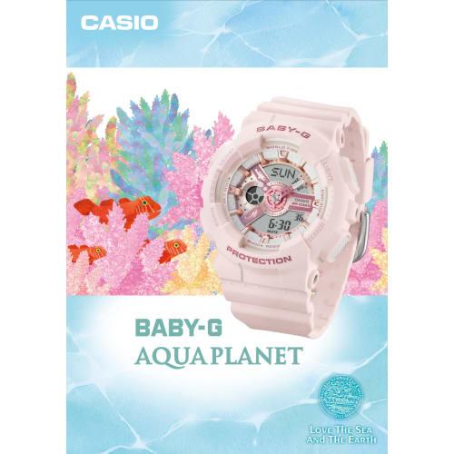 Hodinky Casio Baby-G Love Sea and The Earth Model ve spolupráci s Aqua Planet, Vyrobené z biomasového plastu, BA-110AQ-4AJR, Světle růžové, Dámské