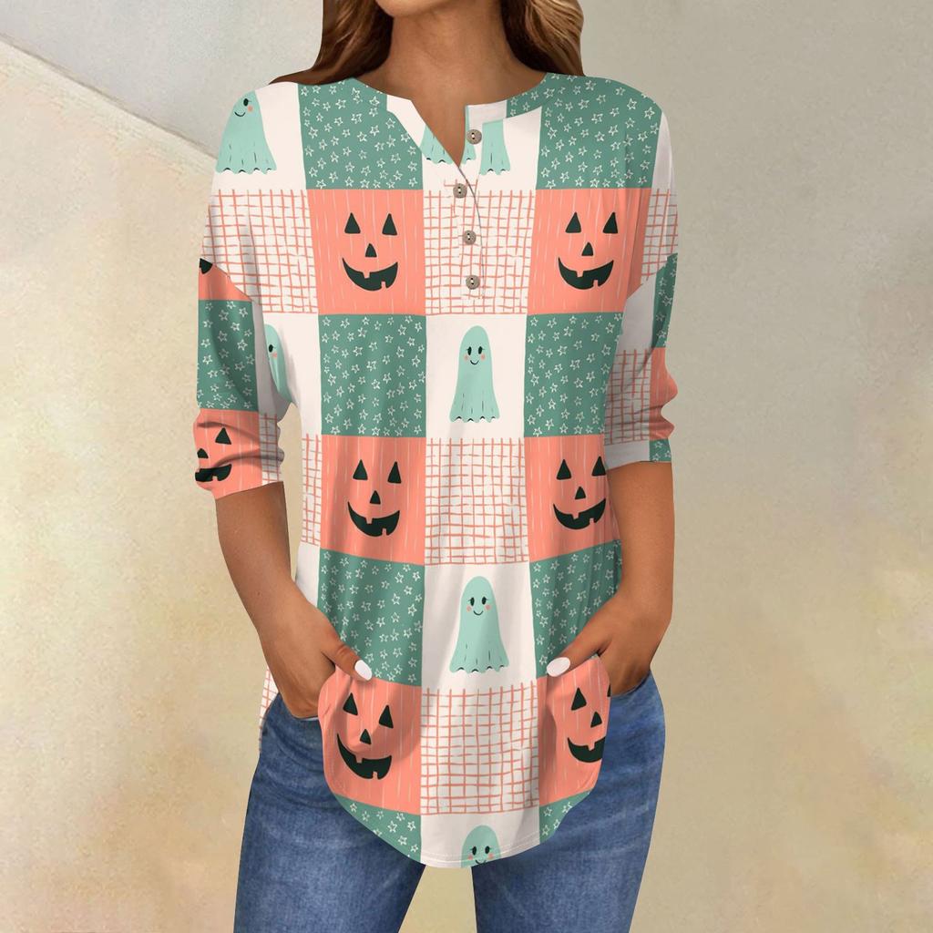 Women's Fashion Loose Button Collar Halloween Print Long Sleeve T-Shirt Top Pullover