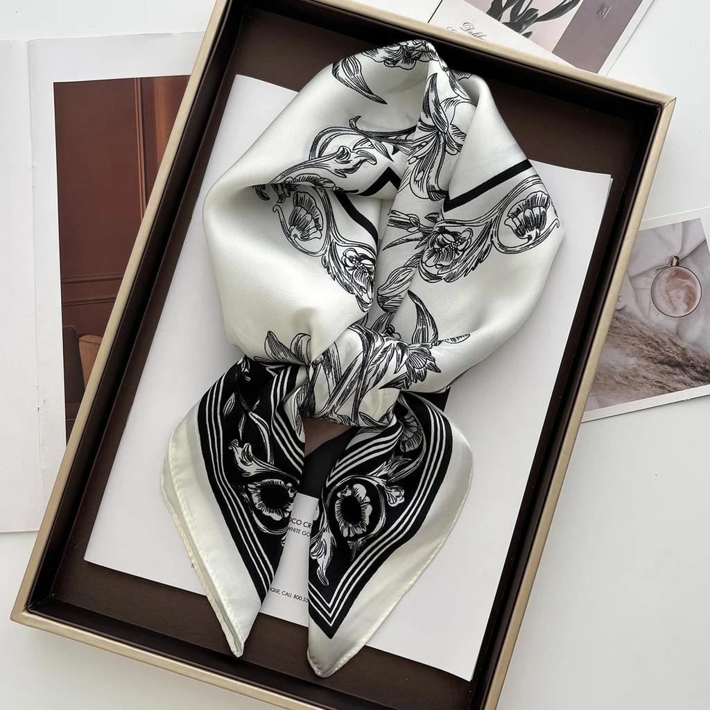 Luxury Satin Scarfs Square Scarf Korean Fashion Kerchief Rose Print Scarves Bandanna Wraps Scarf Decoration Shawl 70*70Cm