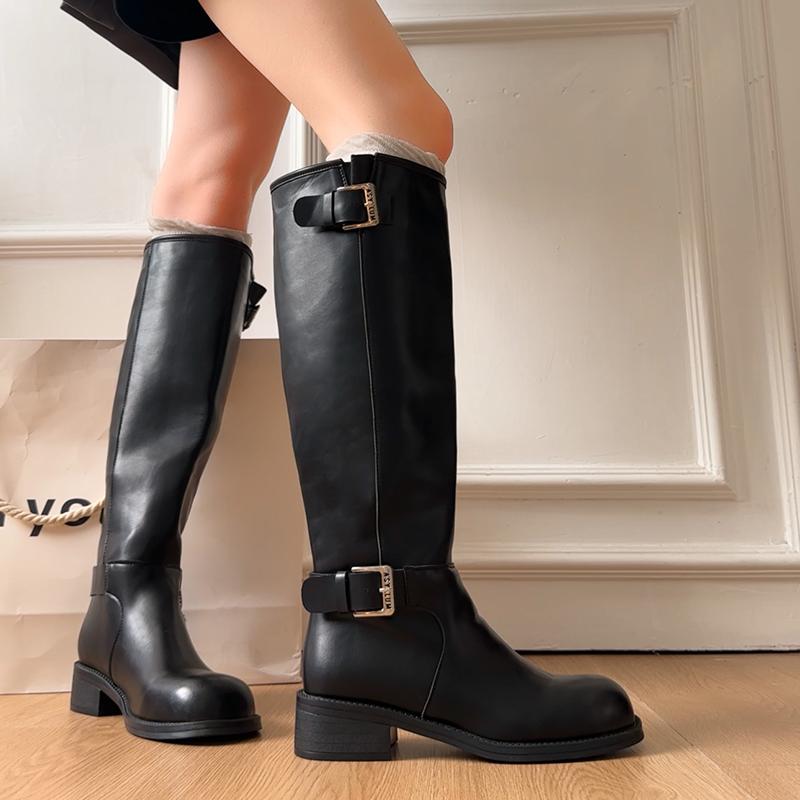 Vintage Belt Buckle Women Knight High Boots Concise Slip On Thick Heels Shoes Fashion Banquet Party Long Botas Mujer