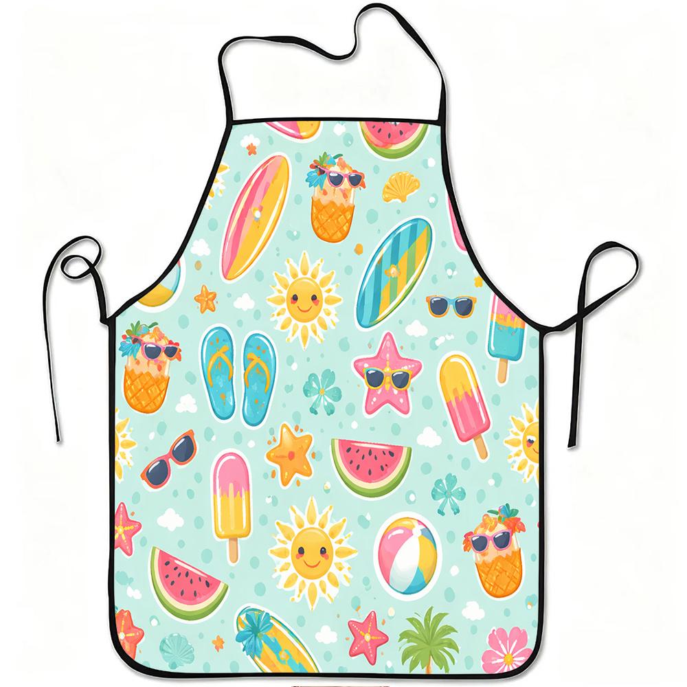 1pc Summer Beach Fun Print Apron, Durable And Easy To Clean, Adjustable Waistband, Polyester Material, for Kitchen Cooking, Gardening, Orchard Picking